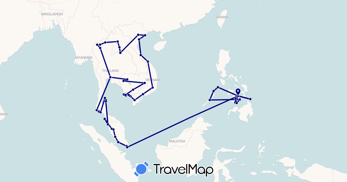 TravelMap itinerary: driving in Cambodia, Laos, Malaysia, Philippines, Singapore, Thailand, Vietnam (Asia)